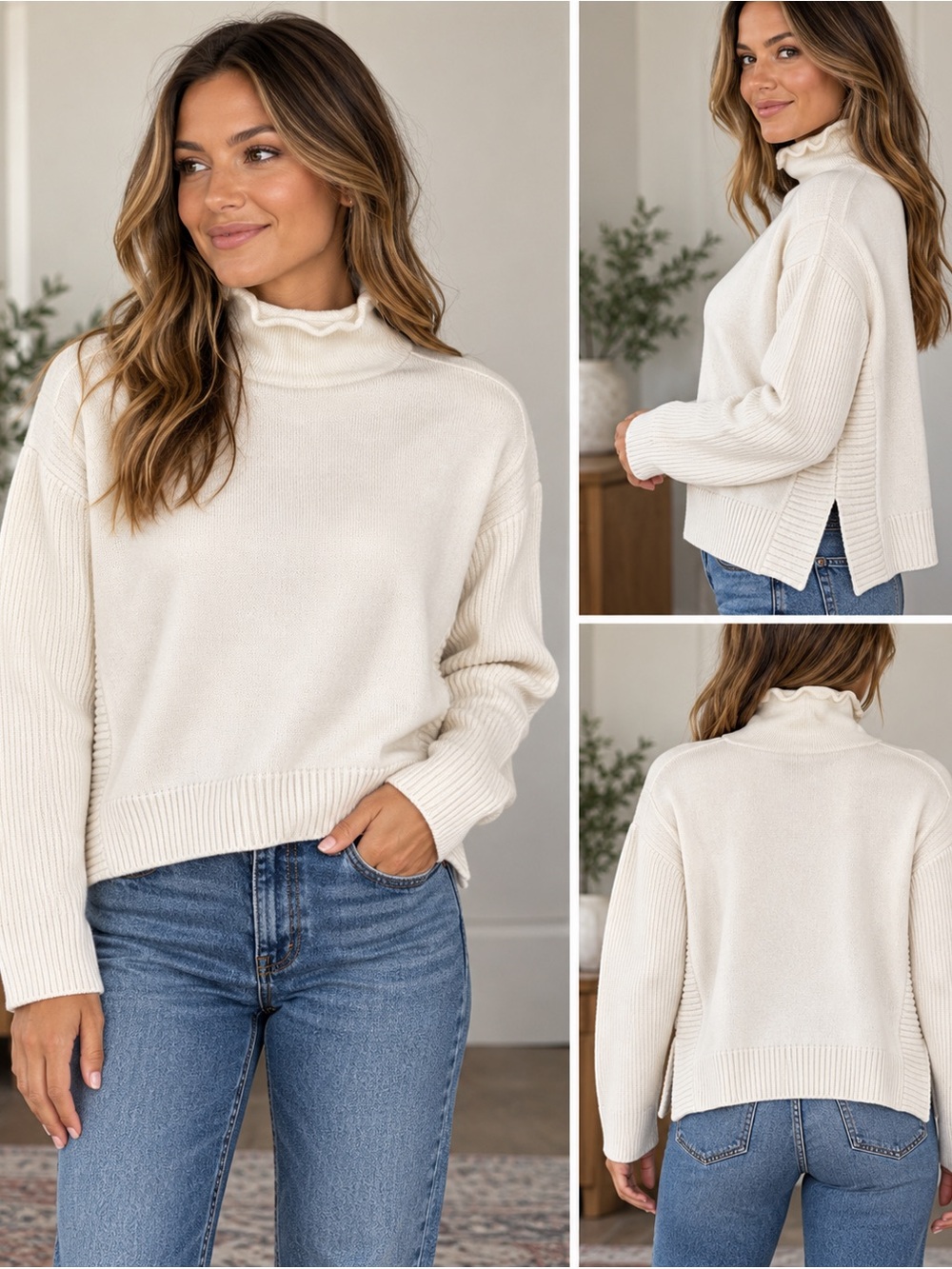 Tahari Women’s M Soft White Roll Neck Ribbed Knit Side Slit Pullover
